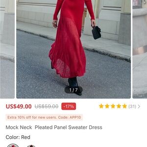 Red Mock Neck Pleated Panel Maxi Dress